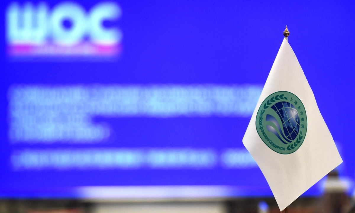 A flag with the Shanghai Cooperation Organisation's logo. Photo: AFP