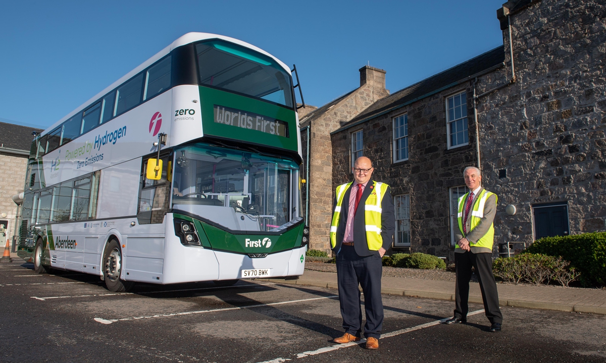 The hydrogen-powered, zero-emission double-decker bus in Ellon in Aberdeenshire, Scotland Photo: AFP