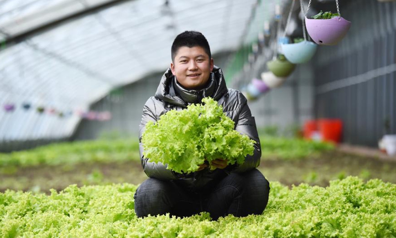 A staff member shows newly-harvested vegetable at a smart greenhouse of Beidahuang Land Reclamation and Cultivation Enterprise group in northeast China's Heilongjiang Province, March 5, 2021. With the help of technologies, agricultural production is still carried out efficiently in the low temperature environment of Heilongjiang Province. Photo: Xinhua