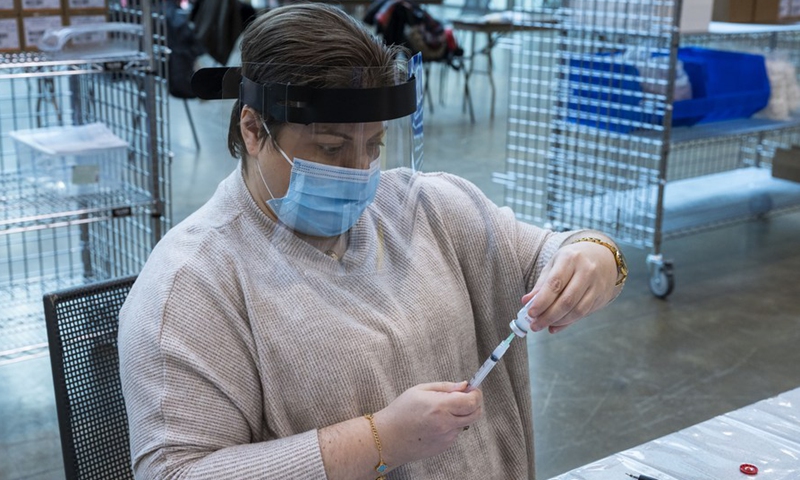 A healthcare worker prepares a dose of the COVID-19 vaccine at a COVID-19 immunization clinic at the Metro Toronto Convention Center (MTCC) in Toronto, Ontario, Canada, on Jan. 18, 2021.(Photo:Xinhua)