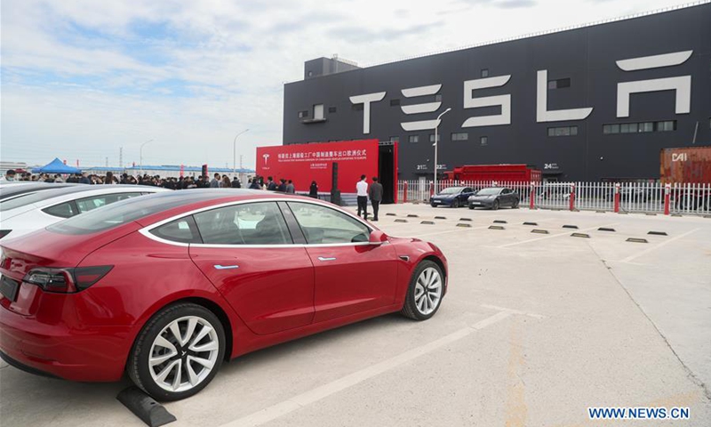 Photo taken on Oct. 26, 2020 shows the Tesla China-made Model 3 vehicles at its gigafactory in Shanghai, east China. Photo: Xinhua 
