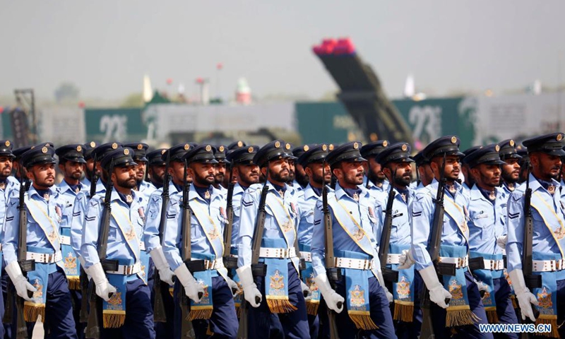 Pakistani soldiers march during the Pakistan Day military parade in Islamabad, capital of Pakistan, March 25, 2021. Pakistan on Thursday held the Pakistan Day military parade in the capital Islamabad with full zeal and fervor.Photo:Xinhua