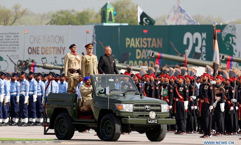 Pakistani President Arif Alvi reviews the armed forces during Pakistan Day military parade in Islamabad, capital of Pakistan, March 25, 2021. Pakistan on Thursday held the Pakistan Day military parade in the capital Islamabad with full zeal and fervor. Photo:Xinhua