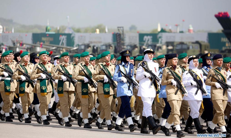Pakistani soldiers march during the Pakistan Day military parade in Islamabad, capital of Pakistan, March 25, 2021. Pakistan on Thursday held the Pakistan Day military parade in the capital Islamabad with full zeal and fervor.Photo:Xinhua