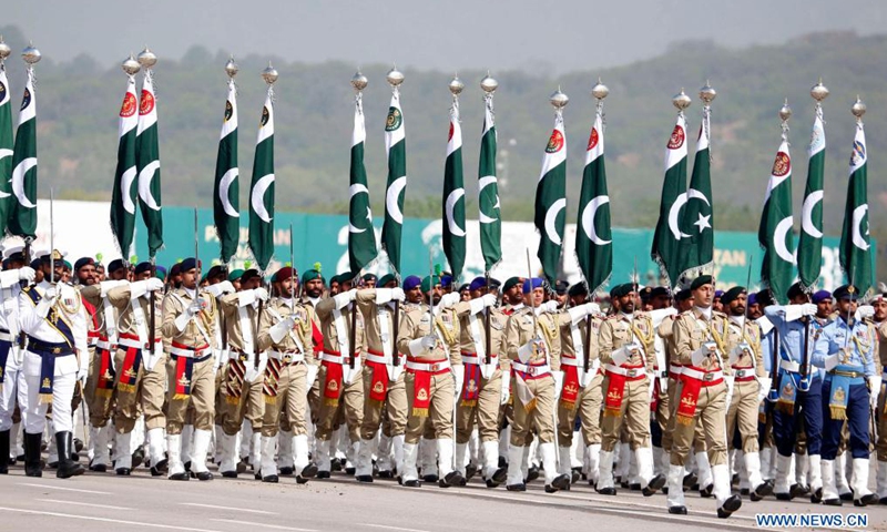 Pakistani soldiers march during the Pakistan Day military parade in Islamabad, capital of Pakistan, March 25, 2021. Pakistan on Thursday held the Pakistan Day military parade in the capital Islamabad with full zeal and fervor.Photo:Xinhua