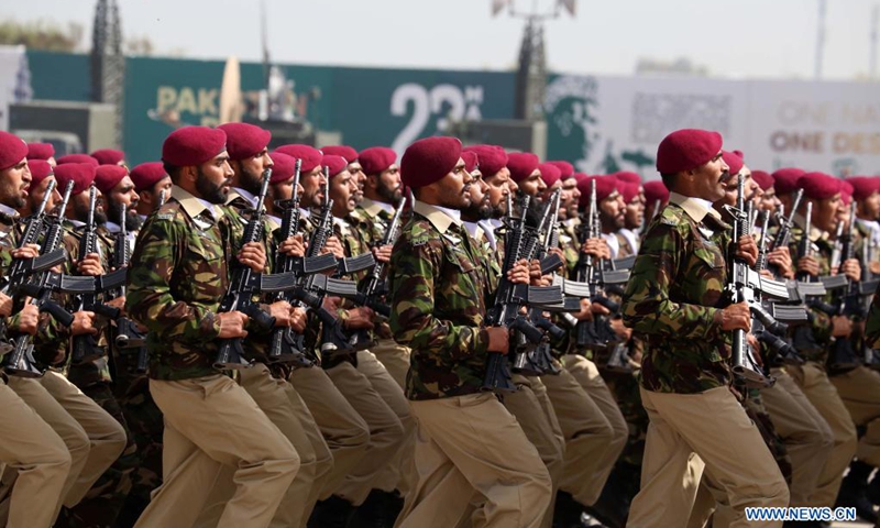 Pakistani soldiers march during the Pakistan Day military parade in Islamabad, capital of Pakistan, March 25, 2021. Pakistan on Thursday held the Pakistan Day military parade in the capital Islamabad with full zeal and fervor.Photo:Xinhua