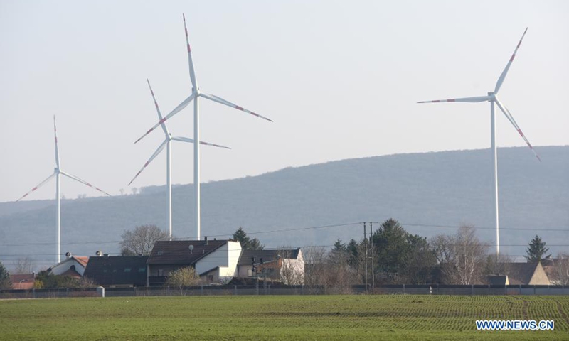 Photo taken on March 25, 2021 shows wind turbines in Lower Austria, Austria. According to Austrian Wind Energy Association, at the end of 2020, 1,307 wind turbines with a total output of 3,120 megawatts generated electricity for around 2 million households in Austria.Photo:Xinhua