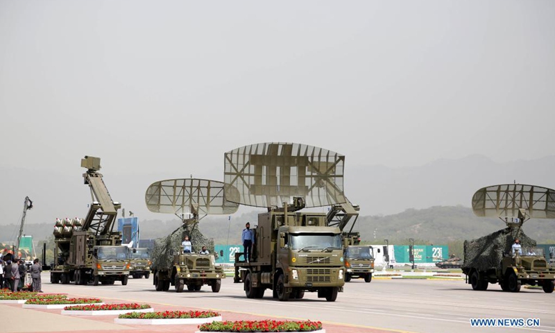 Pakistani soldiers display military vehicles during the Pakistan Day military parade in Islamabad, capital of Pakistan, March 25, 2021. Pakistan on Thursday held the Pakistan Day military parade in the capital Islamabad with full zeal and fervor. Photo:Xinhua