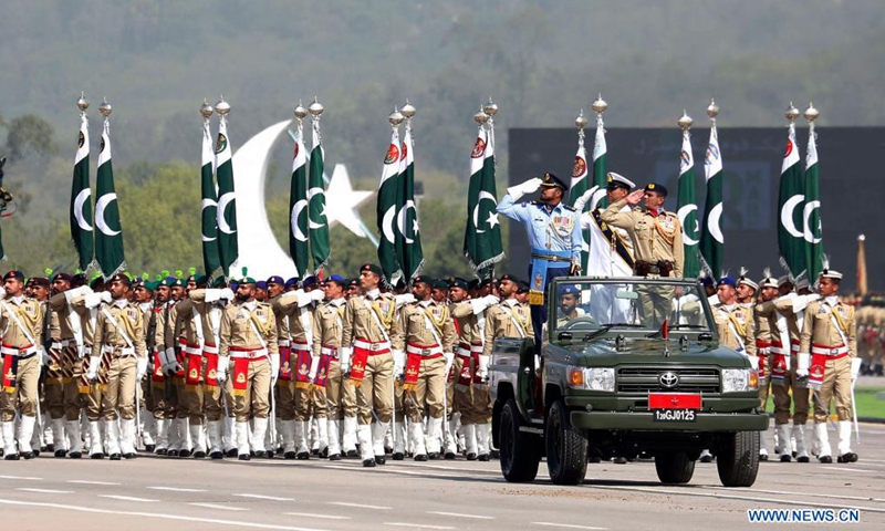 Pakistani soldiers march during the Pakistan Day military parade in Islamabad, capital of Pakistan, March 25, 2021. Pakistan on Thursday held the Pakistan Day military parade in the capital Islamabad with full zeal and fervor.Photo:Xinhua