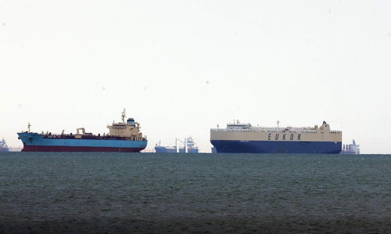Ships wait to pass the Suez Canal in the Gulf of Suez, Egypt, on March 26, 2021. Egypt's Suez Canal Authority (SCA) said on Thursday that it has temporarily suspended navigation through the world's busiest shipping course until the grounded cargo ship is completely freed.Photo:Xinhua