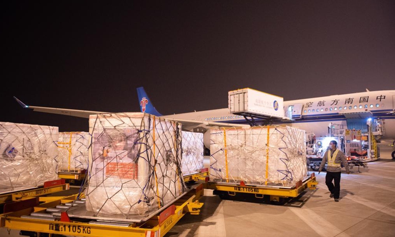 Photo taken on March 26, 2021 shows boxes of Sinovac COVID-19 vaccines to be loaded at Beijing Daxing International Airport in Beijing, capital of China. The first chartered international flight with 1.5 million Sinovac COVID-19 vaccines, which was operated by China Southern Airlines, heading for Phnom Penh, Cambodia departed Beijing Daxing International Airport on Friday.Photo:Xinhua