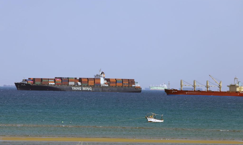 Ships wait to pass the Suez Canal in the Gulf of Suez, Egypt, on March 26, 2021. Egypt's Suez Canal Authority (SCA) said on Thursday that it has temporarily suspended navigation through the world's busiest shipping course until the grounded cargo ship is completely freed.Photo:Xinhua