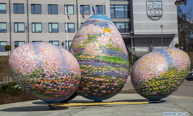 Photo taken on March 26, 2021 shows Easter egg decorations displayed in Ogre, Latvia.Photo:Xinhua