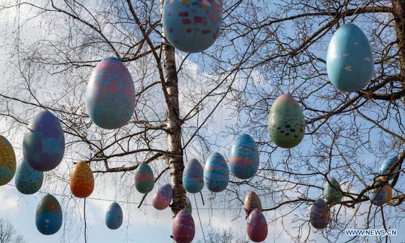 Photo taken on March 26, 2021 shows Easter egg decorations displayed in Ogre, Latvia.Photo:Xinhua