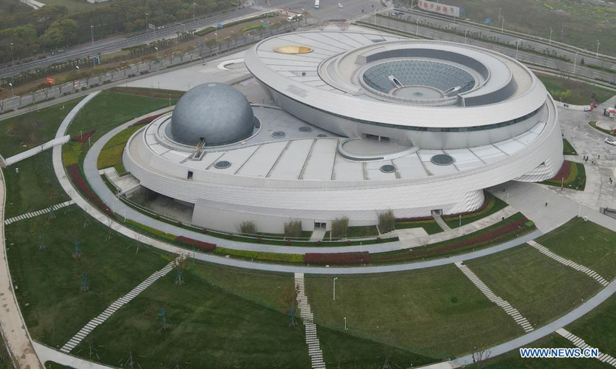 Aerial photo taken on April 2, 2021 shows the main building of the Shanghai Planetarium in Pudong New Area, east China's Shanghai. (Xinhua/Fang Zhe)