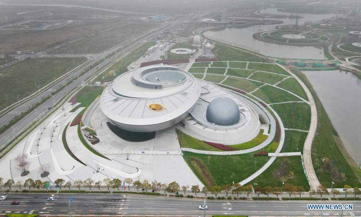 Aerial photo taken on April 2, 2021 shows the main building of the Shanghai Planetarium in Pudong New Area, east China's Shanghai. (Xinhua/Fang Zhe)
