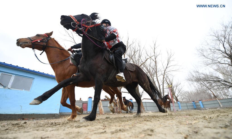 Students from Oymak Boarding School practise riding during an equestrian class in Burqin County, northwest China's Xinjiang Uygur Autonomous Region, March 29, 2021. Photo: Xinhua