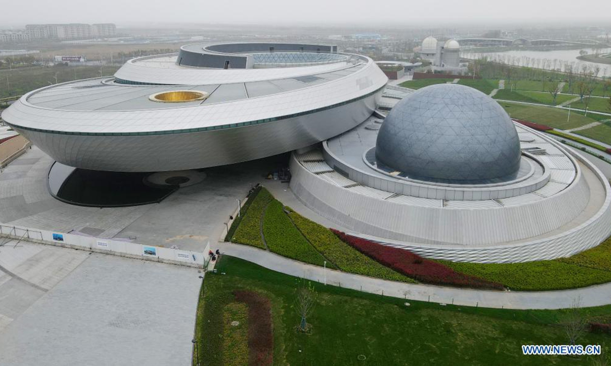 Aerial photo taken on April 2, 2021 shows the main building of the Shanghai Planetarium in Pudong New Area, east China's Shanghai. (Xinhua/Fang Zhe)