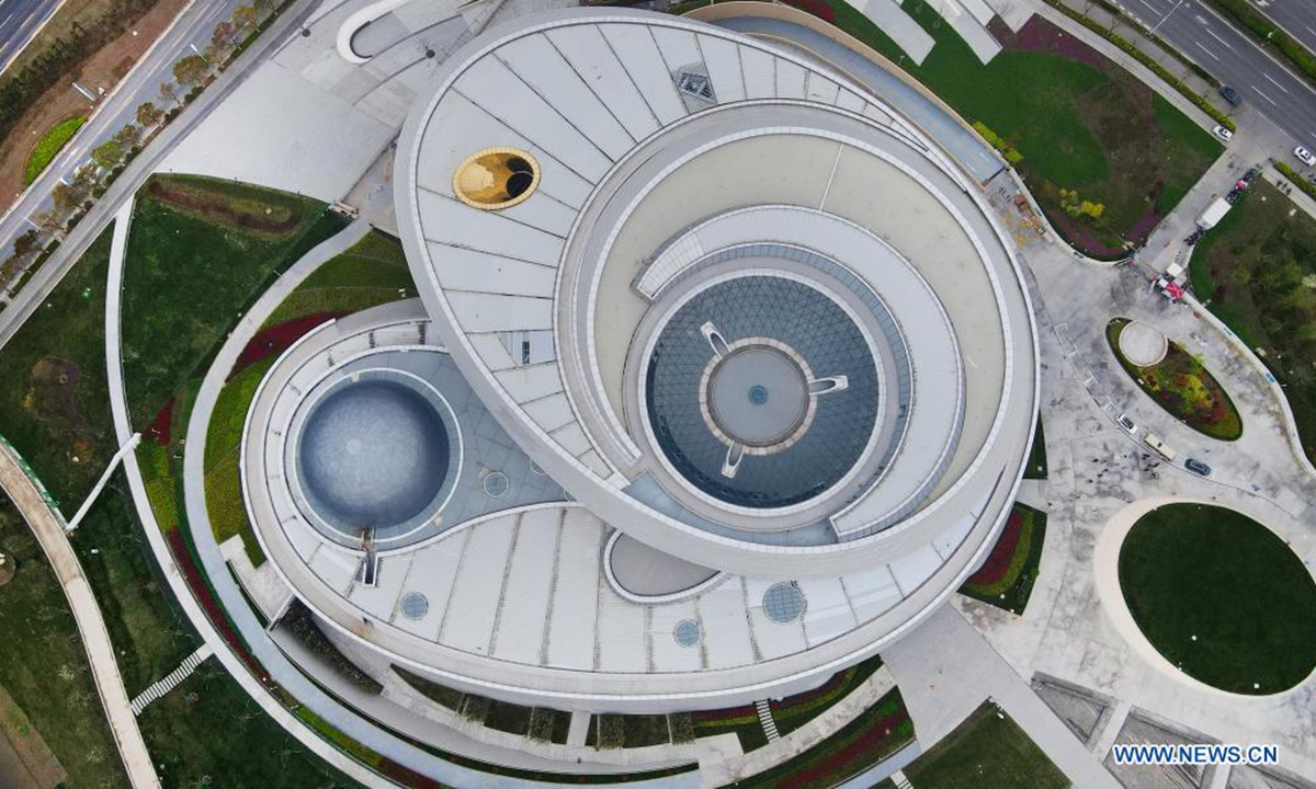 Aerial photo taken on April 2, 2021 shows the main building of the Shanghai Planetarium in Pudong New Area, east China's Shanghai. (Xinhua/Fang Zhe)