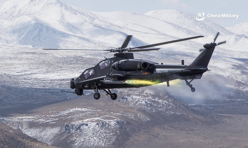 An armed helicopter assigned to an army aviation brigade under the PLA Tibet Military Command carries out live-fire training on March 25, 2021, aiming to improve the air combat capability.Photo:China Military