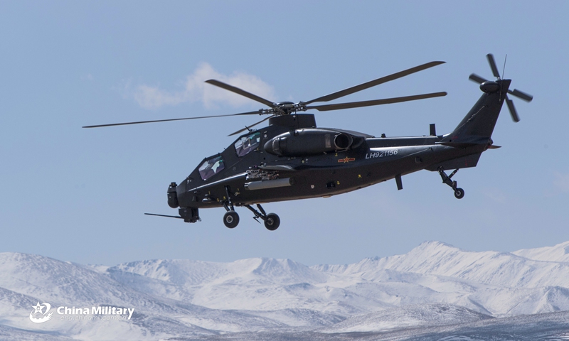 An armed helicopter assigned to an army aviation brigade under the PLA Tibet Military Command carries out live-fire training on March 25, 2021, aiming to improve the air combat capability.Photo:China Military