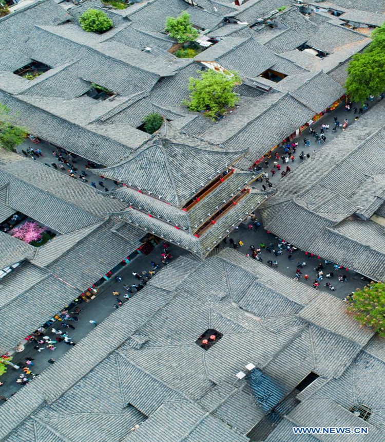 Aerial photo shows the Langzhong ancient city in Nanchong, southwest China's Sichuan Province, April 3, 2021. (Photo by Wang Yugui/Xinhua)