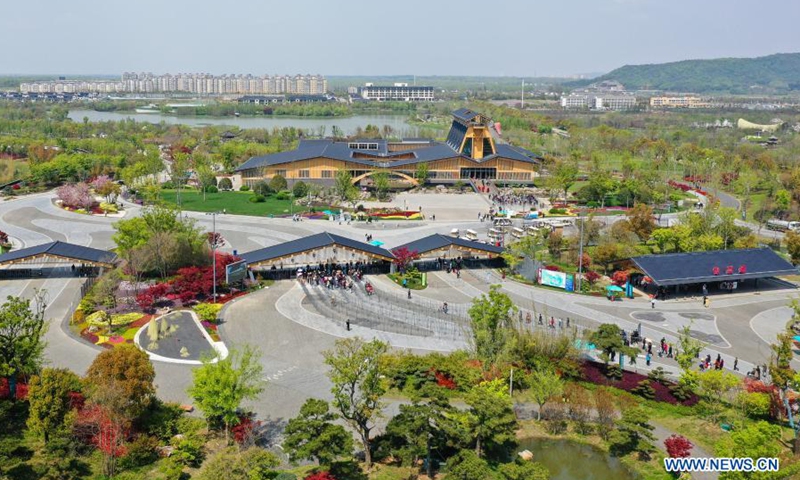 Aerial photo taken on April 8, 2021 shows the view of the International Horticultural Exposition in Yangzhou, east China's Jiangsu Province. The International Horticultural Exposition opened to the public on Thursday in Yangzhou, featuring more than 60 exhibition gardens from around the world.Photo:Xinhua