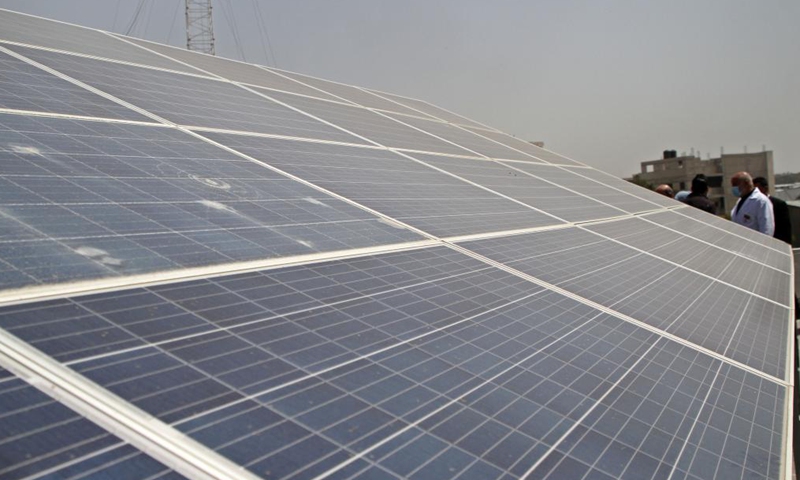 Photo taken on April 7, 2021 shows the China-funded solar energy panels installed at a children's hospital in Gaza city. The Gaza Strip on Wednesday inaugurated a China-funded solar power plant in a children's hospital. The solar power plant project, which can provide 30 KW of electricity to Al-Durrah Children Hospital in Gaza city, was implemented through Give Palestine Association, a charitable organization in the coastal enclave.Photo:Xinhua