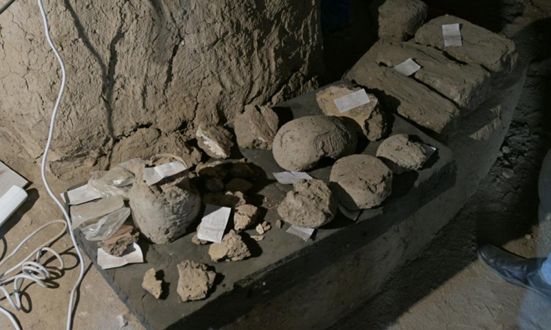 Photo taken on April 8, 2021 shows cultural relics unearthed at the Lost Gold City in Luxor, Egypt. An Egyptian archeological mission announced on Thursday the discovery of a 3,000-year-old Lost Gold City (LGC) in Egypt's monument-rich city of Luxor.Photo:Xinhua