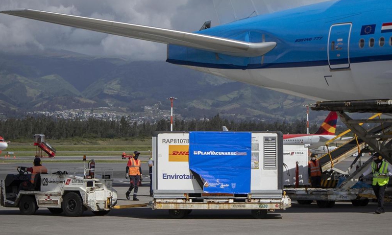 Boxes containing the first batch of Chinese-developed Sinovac COVID-19 vaccines are seen at an airport in Quito, Ecuador on April 7, 2021.Photo:Xinhua