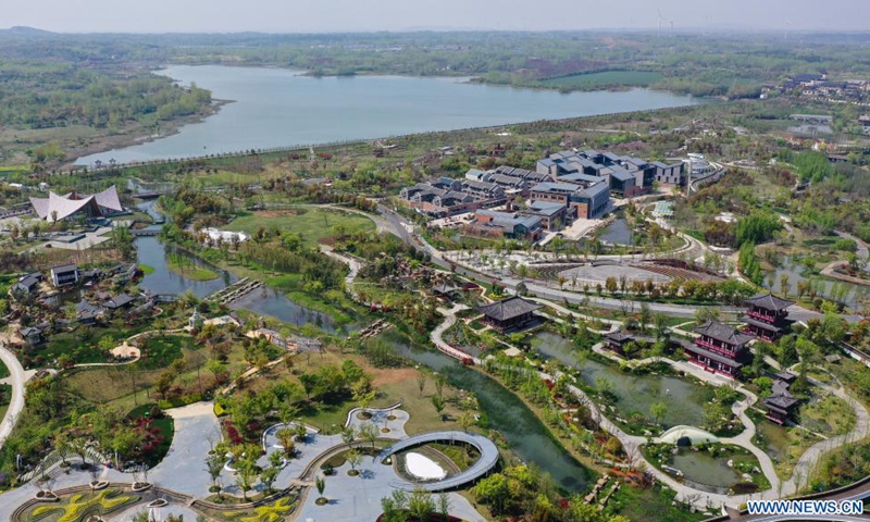 Aerial photo taken on April 8, 2021 shows the view of the International Horticultural Exposition in Yangzhou, east China's Jiangsu Province. The International Horticultural Exposition opened to the public on Thursday in Yangzhou, featuring more than 60 exhibition gardens from around the world.Photo:Xinhua
