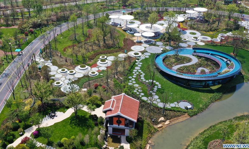 Aerial photo taken on April 8, 2021 shows the view of the International Horticultural Exposition in Yangzhou, east China's Jiangsu Province. The International Horticultural Exposition opened to the public on Thursday in Yangzhou, featuring more than 60 exhibition gardens from around the world.Photo:Xinhua
