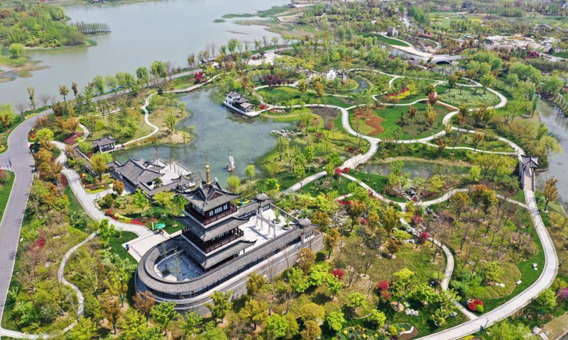 Aerial photo taken on April 8, 2021 shows the view of the International Horticultural Exposition in Yangzhou, east China's Jiangsu Province. The International Horticultural Exposition opened to the public on Thursday in Yangzhou, featuring more than 60 exhibition gardens from around the world.Photo:Xinhua