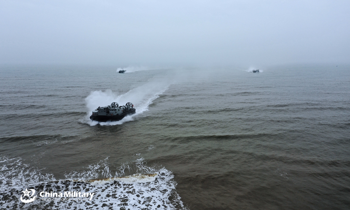 Landing Craft, Air Cushions (LCAC) attached to a naval landing ship flotilla under the PLA Southern Theater Command make a high-speed assault during a beach landing training exercise on March 24, 2021. The exercise involved such items as in and out of the mother-ship under complex sea conditions, fast and accurate ferry of troops, and simulated seizure and control of islands.Photo:China Military