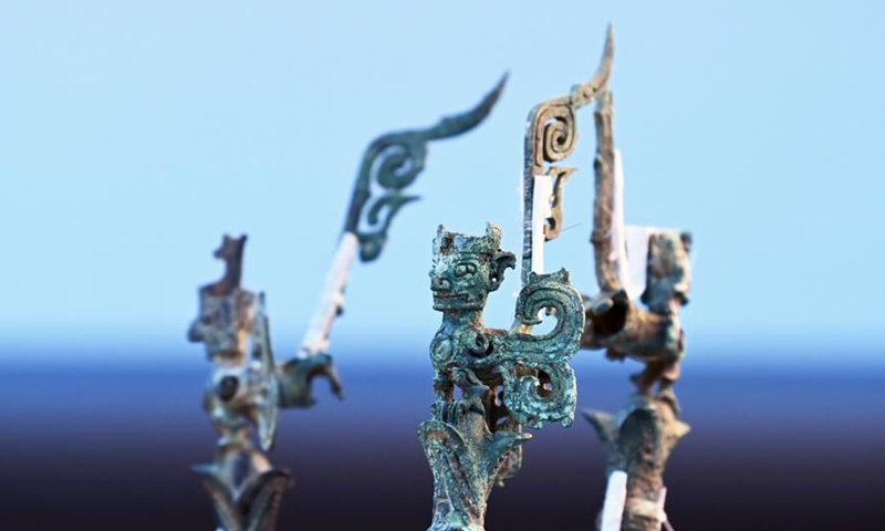 This photo taken on April 8, 2021 shows the bronze sculpture of a tree excavated in 1986 from the Sanxingdui Ruins site in Guanghan, southwest China's Sichuan Province.Photo:China News Service