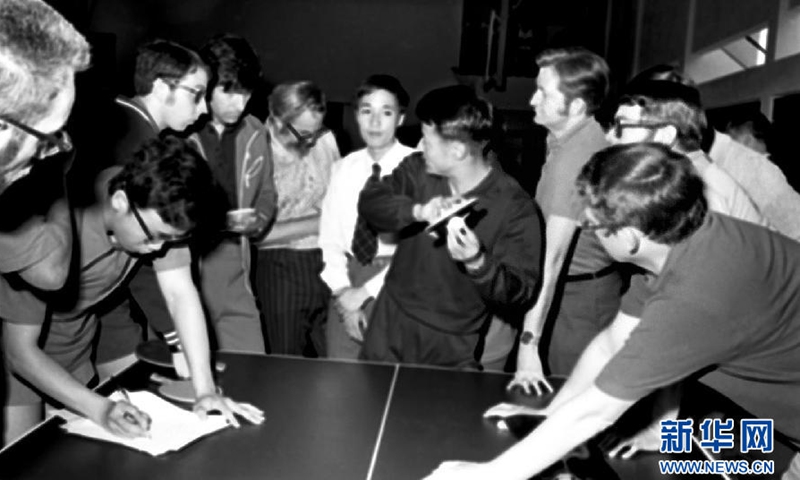 Chinese and American table tennis players exchange knowledge and experiences in Memphis, Tennessee in April, 1972. File photo: Xinhua