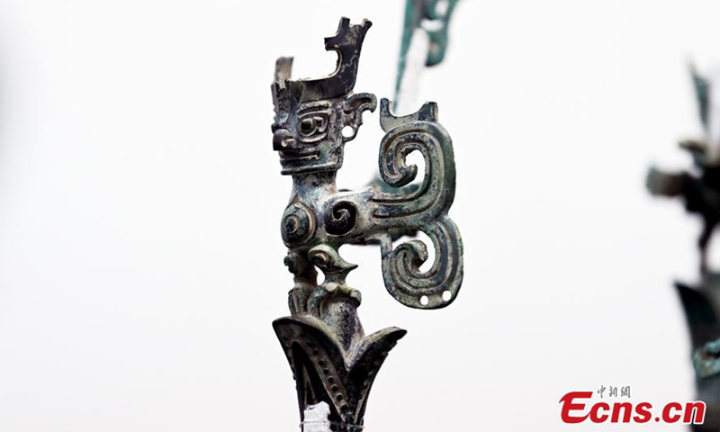 This photo taken on April 8, 2021 shows the bronze sculpture of a tree excavated in 1986 from the Sanxingdui Ruins site in Guanghan, southwest China's Sichuan Province.Photo:China News Service