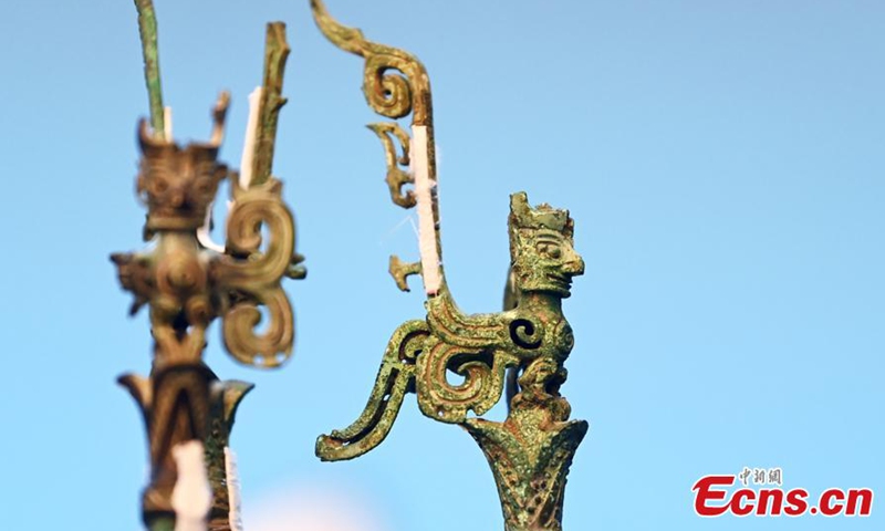This photo taken on April 8, 2021 shows the bronze sculpture of a tree excavated in 1986 from the Sanxingdui Ruins site in Guanghan, southwest China's Sichuan Province.Photo:China News Service