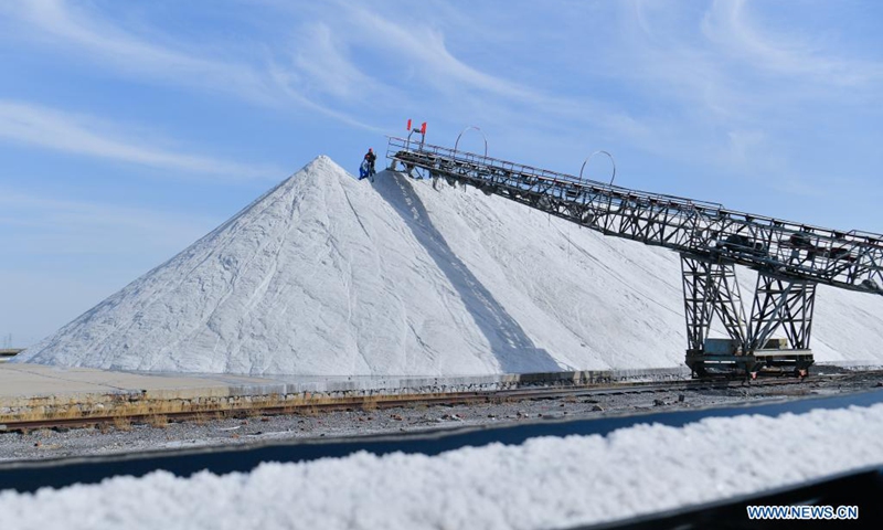 Workers are seen on a stack of salt in the Changlu Hangu salt field in north China's Tianjin Municipality, April 13, 2021. The spring harvest season started in the salt field recently and is expected to last till mid-May.(Photo: Xinhua)