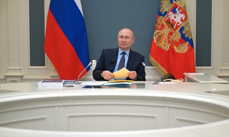 Russian President Vladimir Putin attends a meeting of the Board of Trustees of the Russian Geographical Society via video link on April 14, 2021.(Photo: Xinhua)