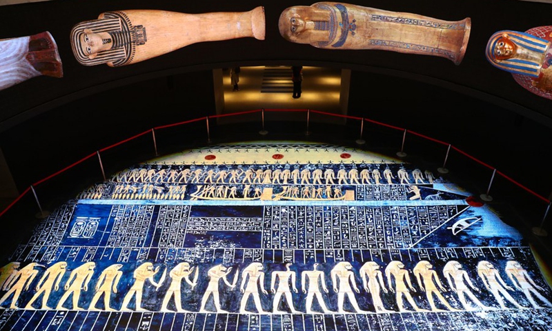 Photo shows the entrance to the Royal Mummies' Hall at the NMEC in Cairo, Egypt, April 18, 2021.(Photo: Xinhua)