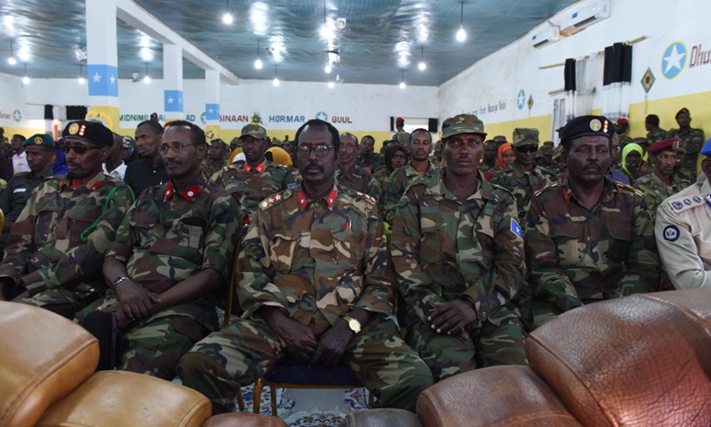 File photo shows Ahlu Suna Wal Jama'a soldiers attend the launch of a process to integrate them into the Somali Security Forces in Dhusamareb, Galmudug, Somalia, July 4, 2019.(Photo: Xinhua)