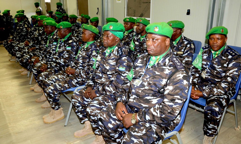 File photo shows Sierra Leonean police officers serving under the African Union Mission in Somalia (AMISOM) attend their medal award ceremony in Kismayo, southern port city of Somalia, April 13, 2019. (Photo: Xinhua)