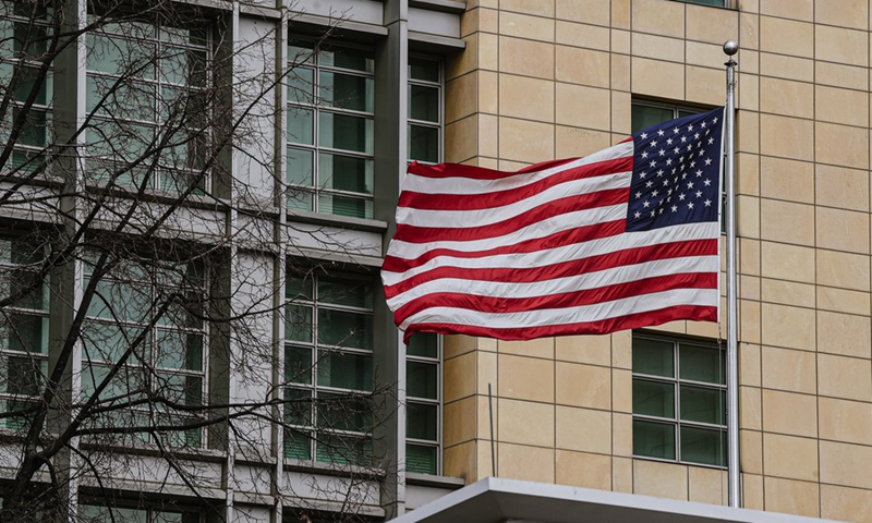 The U.S. flag waves in the wind at the U.S. Embassy in Moscow, Russia, on April 16, 2021.(Photo: Xinhua)