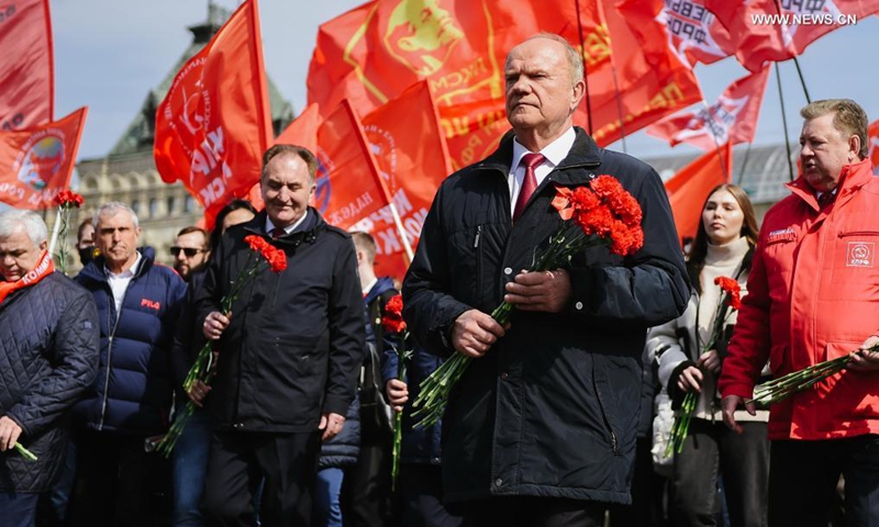 Russian communist leader Gennady Zyuganov attends a flower laying ceremony at Vladimir Lenin's mausoleum to mark the 151st anniversary of the revolutionary leader's birth in Moscow, Russia, on April 22, 2021.Photo:Xinhua