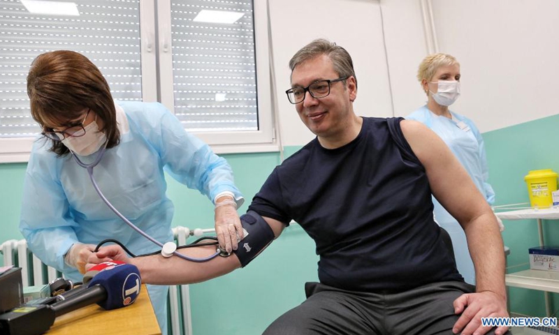 Serbian President Aleksandar Vucic checks blood pressure before receiving the second dose of the Chinese Sinopharm vaccine in Doljevac, Serbia, April 27, 2021. Serbian President Aleksandar Vucic on Tuesday received the second dose of the Chinese Sinopharm COVID-19 vaccine here in southeastern Serbia and expressed gratitude to China and the Chinese people for enormous support and help.(Photo: Xinhua)