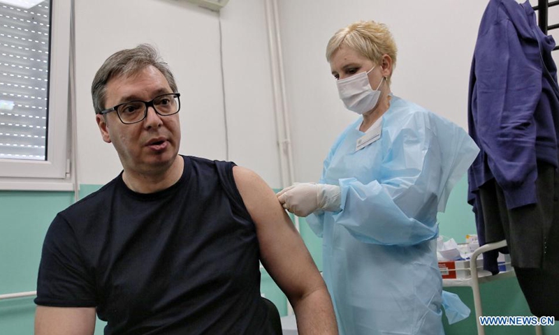 Serbian President Aleksandar Vucic receives the second dose of the Chinese Sinopharm vaccine in Doljevac, Serbia, April 27, 2021. Serbian President Aleksandar Vucic on Tuesday received the second dose of the Chinese Sinopharm COVID-19 vaccine here in southeastern Serbia and expressed gratitude to China and the Chinese people for enormous support and help.(Photo: Xinhua)