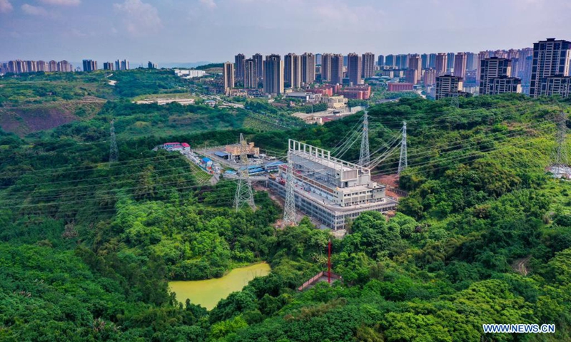 Aerial photo taken on April 27, 2021 shows the view of the 500-KV Jinshan electricity substation in southwest China's Chongqing. The 500-KV Jinshan electricity substation was officially put into operation on Friday, which is expected to greatly improve the power supply in the northern area of Chongqing.Photo:Xinhua