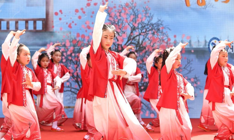 Students perform opera calisthenics in Dongyangshi primary school in Beilin District of Xi'an City, capital of northwest China's Shaanxi Province, April 29, 2021.Photo:Xinhua