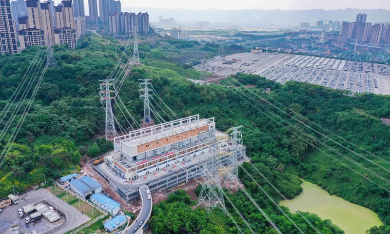 Aerial photo taken on April 27, 2021 shows the view of the 500-KV Jinshan electricity substation in southwest China's Chongqing. The 500-KV Jinshan electricity substation was officially put into operation on Friday, which is expected to greatly improve the power supply in the northern area of Chongqing.Photo:Xinhua